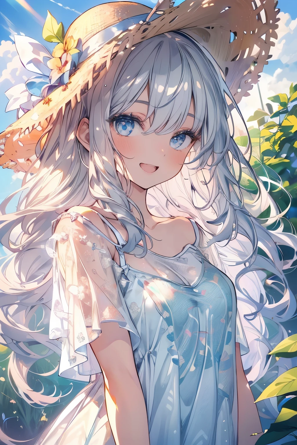 (Best quality,4K,8K,High resolution,Masterpiece:1.2),Super detailed,(Actual, Realistic),highly detailed, top quality, soft skin,Portrait,
break,
((clear blue eyes:1.2)),smiling eyes,beautiful eyelashes,beautiful lower eyelashes,
break,
((Beautiful and shiny silver hair:1.3)),A dazzling smile, a bursting smile, an open mouth laugh,
break,
very happily,
break,
((camisole dress,patterned t-shirt:1.3)),flowered straw hat,
break,
((country road:1.3))
