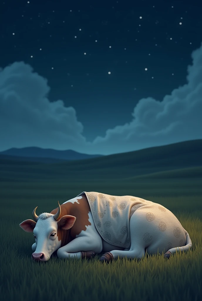 Cow with blanket sleeping in field at night