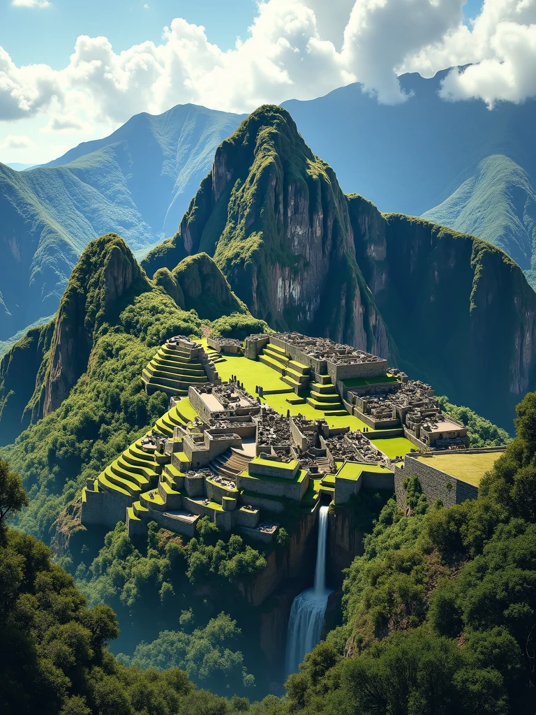 visualizing the city of Machu Picchu, from the Eiffel Tower in Paris, extraordinary landscape, quite a lot of natural jungle, realistic illustration