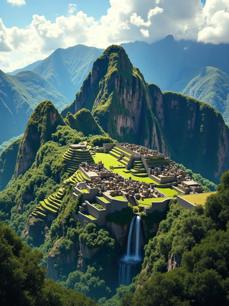 visualizing the city of Machu Picchu, from the Eiffel Tower in Paris, extraordinary landscape, quite a lot of natural jungle, realistic illustration
