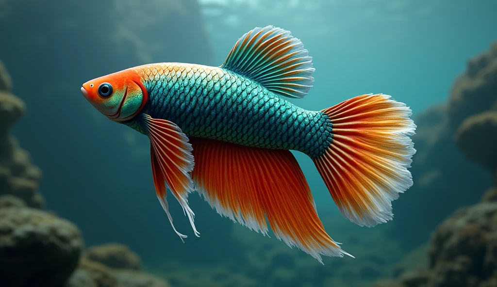 (photorealism:1.5), multicolor Betta fish powered by a great white shark logo