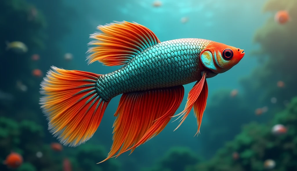 (photorealism:1.5), multicolor Betta fish powered by a great white shark logo