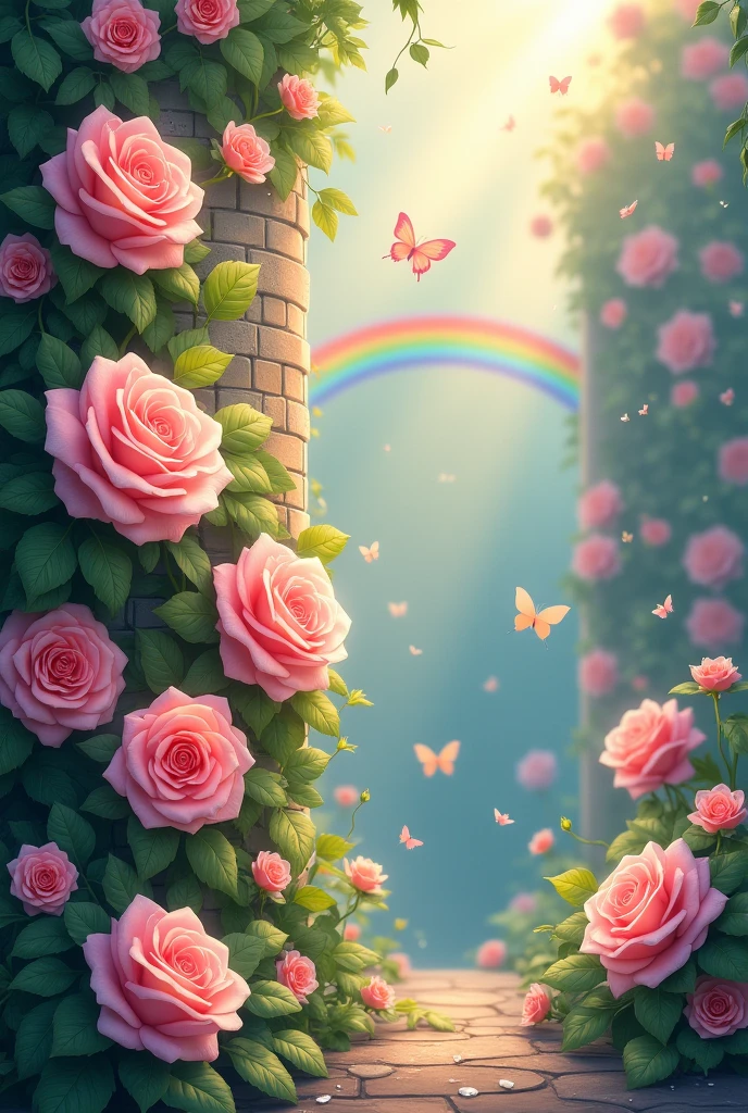 Lots of Light pink Roses flower on wall with butterfly and rainbow scenery
