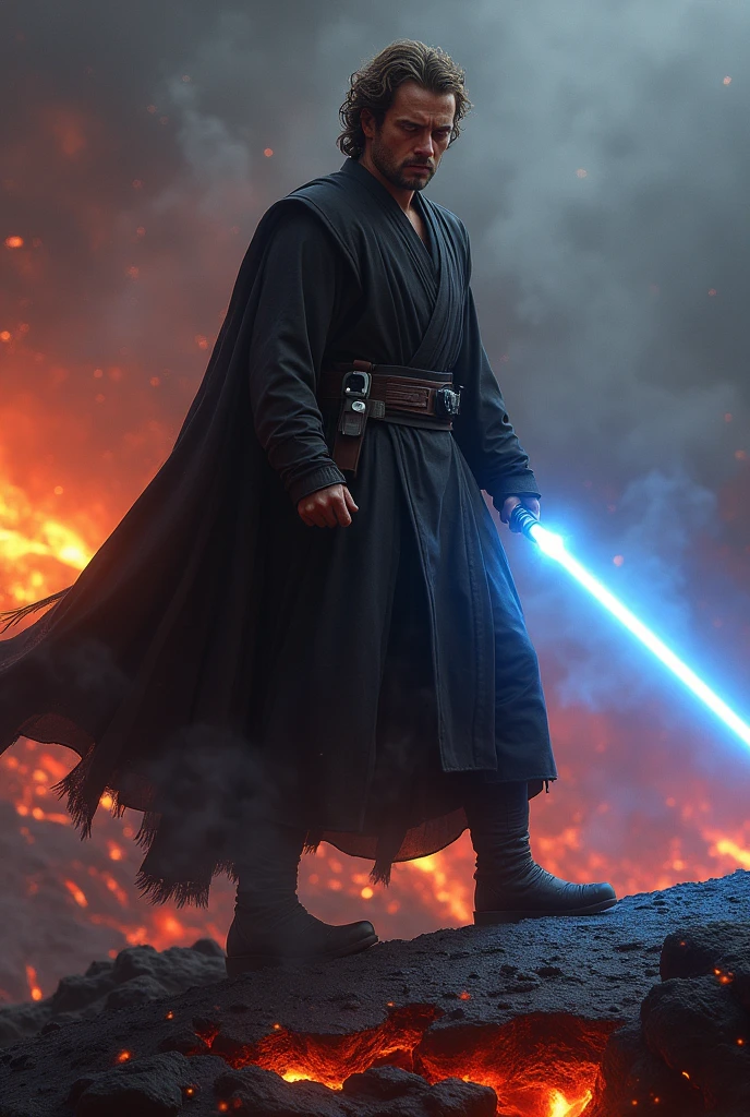 Anakin Skywalker stands at the edge of a volcanic cliff on Mustafar, his dark Jedi robes billowing in the intense heat and swirling ash. His face is twisted with a mix of anger and determination, his fiery, amber-tinted eyes reflecting the influence of the dark side. His jaw is clenched, his brow furrowed as he battles with the weight of his choices.

Sweat beads on his slightly singed skin, his hair clinging to his face, damp with sweat and dirt. The dark side of the Force radiates from him, subtly distorting the air around him. Anakin’s lightsaber glows with a brilliant blue blade, casting a cold light against the orange-red hues of the lava below. His posture is aggressive, one foot forward on the unstable ground, ready to strike. His other hand is clenched into a trembling fist, holding back a wave of dark energy.

The environment is a hellish landscape, with rivers of molten lava below and eruptions sending fiery embers into the air. The ground beneath Anakin's feet is cracked and unstable, small rocks crumbling into the lava. The sky is thick with dark clouds of ash and smoke, occasionally lit by flashes of lightning, mirroring the chaos within Anakin’s soul.

This scene captures Anakin's tragic fall, as he stands on the brink of becoming Darth Vader, his once heroic nature nearly consumed by the dark side.