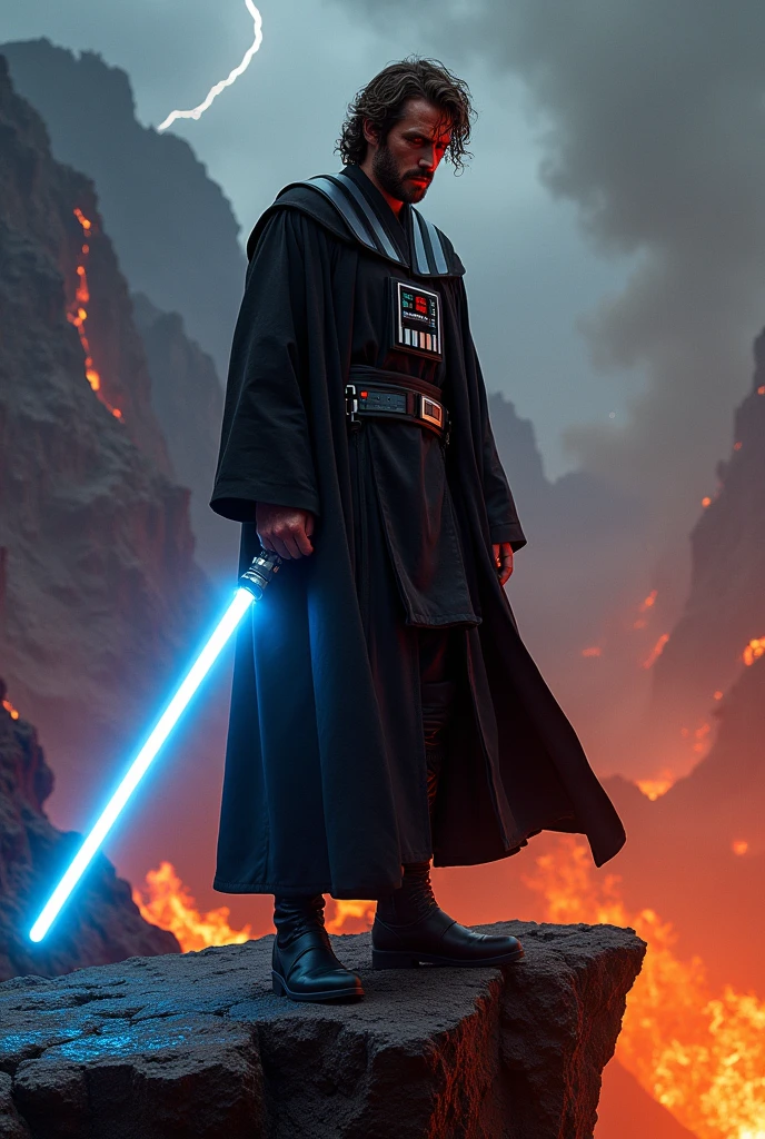 Anakin Skywalker stands at the edge of a volcanic cliff on Mustafar, his dark Jedi robes billowing in the intense heat and swirling ash. His face is twisted with a mix of anger and determination, his fiery, amber-tinted eyes reflecting the influence of the dark side. His jaw is clenched, his brow furrowed as he battles with the weight of his choices.
Sweat beads on his slightly singed skin, his hair clinging to his face, damp with sweat and dirt. The dark side of the Force radiates from him, subtly distorting the air around him. Anakin’s lightsaber glows with a brilliant blue blade, casting a cold light against the orange-red hues of the lava below. His posture is aggressive, one foot forward on the unstable ground, ready to strike. His other hand is clenched into a trembling fist, holding back a wave of dark energy.
The environment is a hellish landscape, with rivers of molten lava below and eruptions sending fiery embers into the air. The ground beneath Anakin's feet is cracked and unstable, small rocks crumbling into the lava. The sky is thick with dark clouds of ash and smoke, occasionally lit by flashes of lightning, mirroring the chaos within Anakin’s soul.
This scene captures Anakin's tragic fall, as he stands on the brink of becoming Darth Vader, his once heroic nature nearly consumed by the dark side.