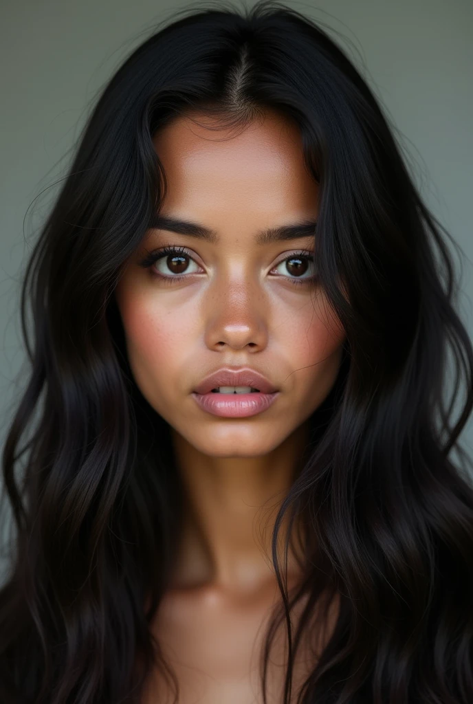 white skin woman, with big eyes, Long hair, round face, medium mouth, large, bushy eyebrows, big nose. colombian, without makeup, with dark circles