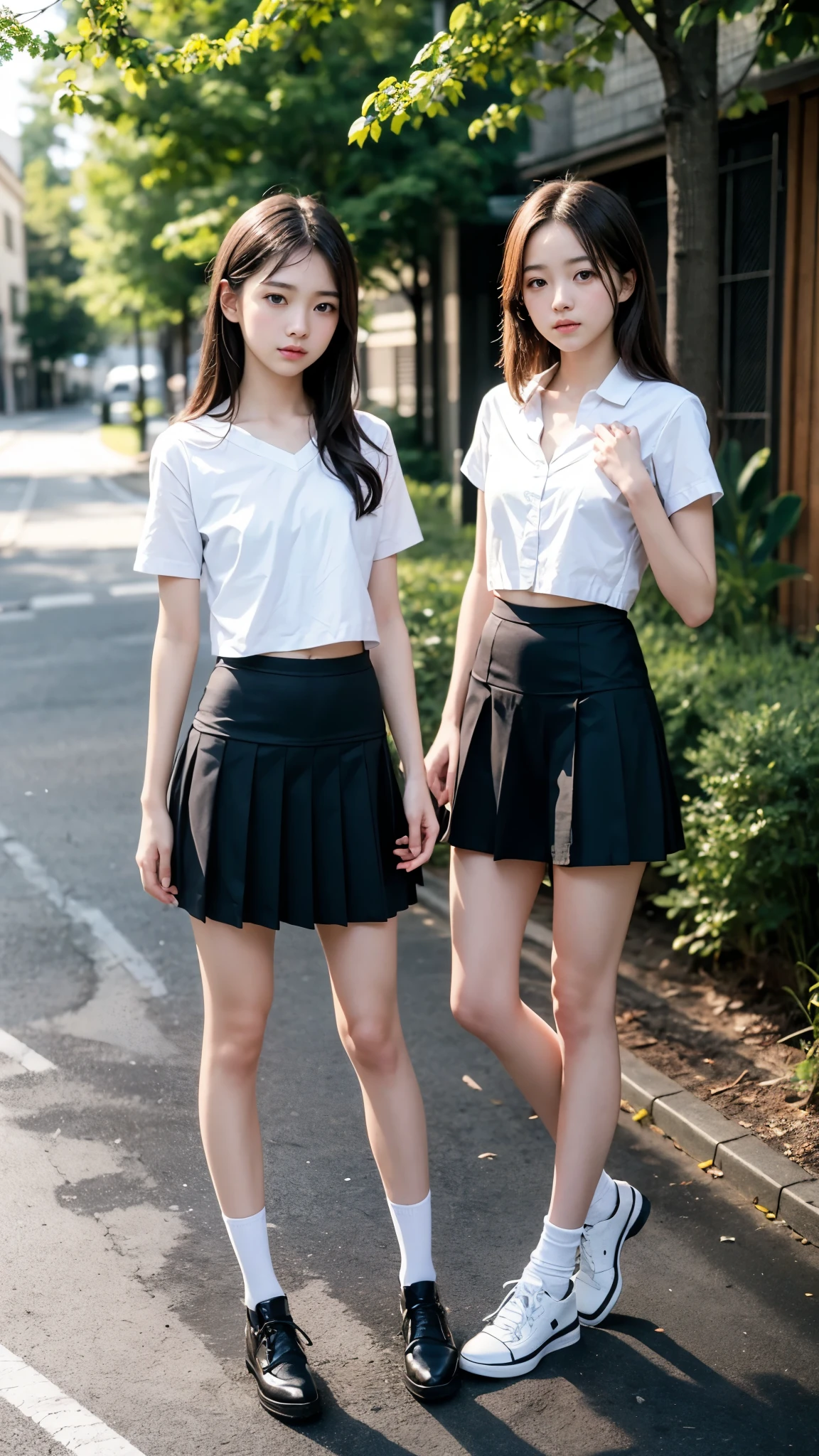 High detail, Textured skin, Very detailed, Ultra high definition, High-resolution model, Detailed face、bare navel、Twins, two girls, two high school girls、(((flat chest))), (flat chest:1.1)、 ars、a junih school stuiforms、Cute, young, (Full body:1.3)、Ultra-detail、masterpiece、top-quality、超A high resolution、8K high image quality、Photogenic clarity、A detailed eye、Real live-action、Spring outdoor、Model Standing、Beautiful posture、High detail, Textured skin, Very detailed, Ultra high definition, High-resolution model,