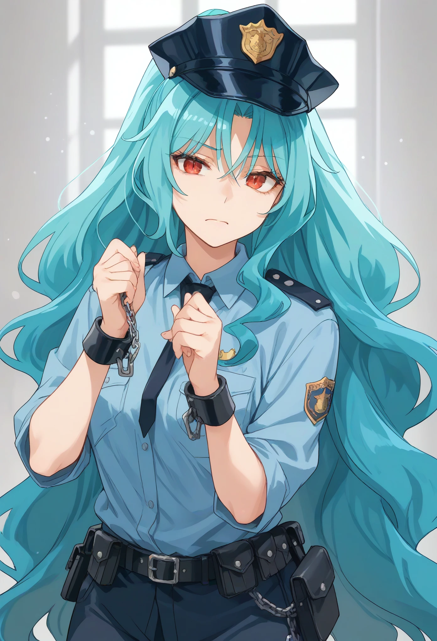 Expires in 13 Day(s)
long hair aqua hair ponytail red eyes,slit pupils,police,policewoman,police uniform,police hat,cuffs,holding cuffs
