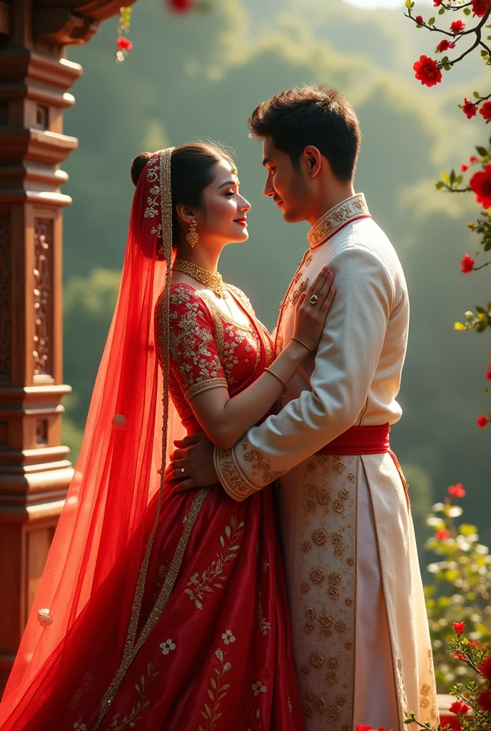 Make Nepali aryans bride and groom with groom wearing white cultural dress and bride wearing red dress and groom hugging bride from the back