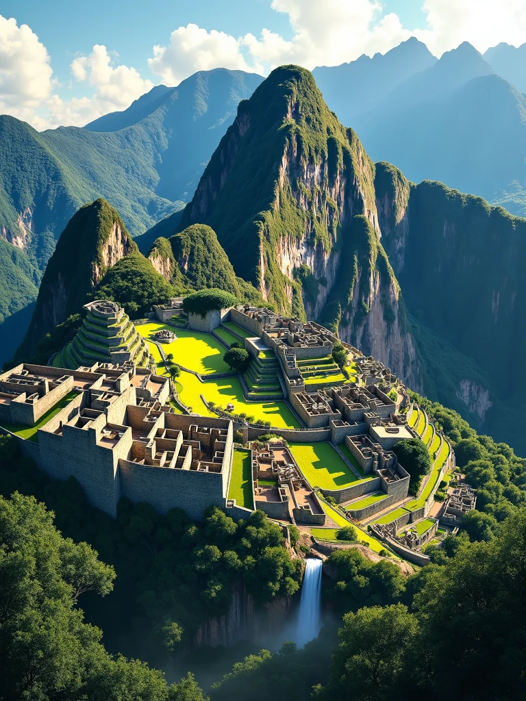 visualizing the city of Machu Picchu, from the Eiffel Tower in Paris, extraordinary landscape, quite a lot of natural jungle, realistic illustration