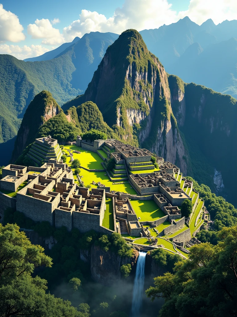 visualizing the city of Machu Picchu, from the Eiffel Tower in Paris, extraordinary landscape, quite a lot of natural jungle, realistic illustration