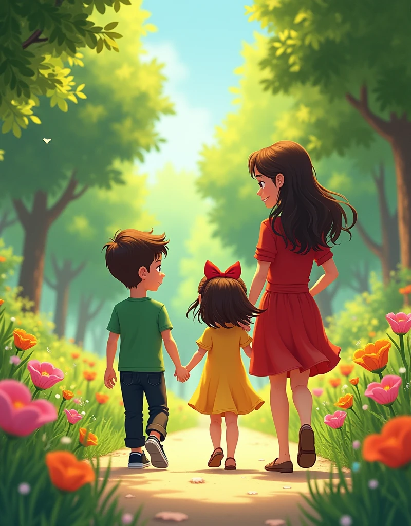 A boy in black pants, Green shirt, brown hair and black tennis shoes, joins a girl in a yellow dress, loose brown hair, con lazo rojo en la cabeza y brown sandals y su mamá con vestido rojo, brown sandals, loose brown hair, in the park to talk while walking among the trees and colorful flowers, pink, abodes, orange and green.