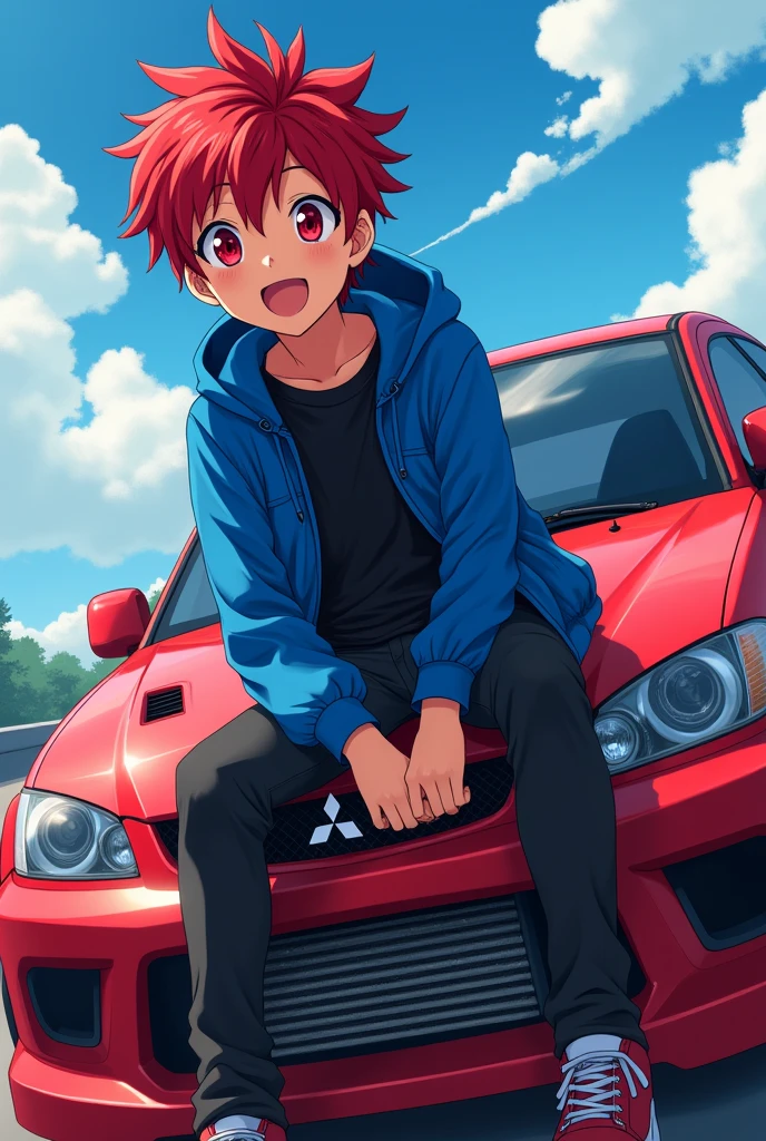 Anime age boy with red hair with black locks in his hair,with a happy face and red eyes and a blue jacket and a black shirt sitting on the hood of a red Mitsubishi Lancer Evolution rally car