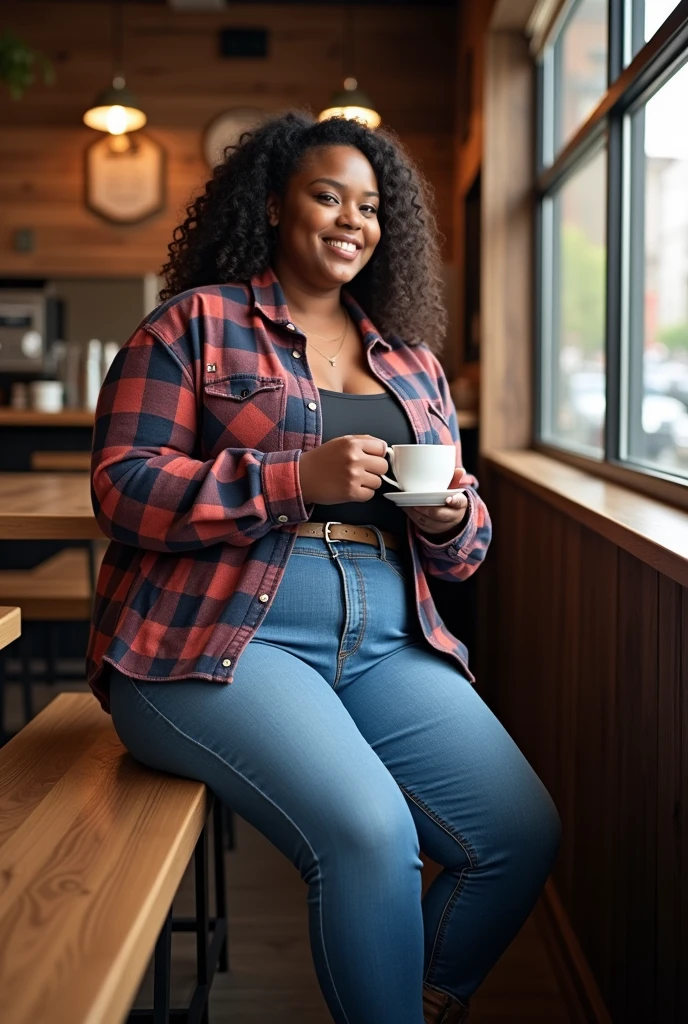 A casual, hyper-realistic social media ad for Levi's jeans featuring a curvy woman wearing a casual weekend outfit. She's wearing slightly relaxed-fit, mid-rise Levi's jeans and a soft, oversized flannel shirt in a warm plaid print. She completes her look with nude lace-up boots, perfect for a casual day. The setting is a rustic café with wooden accents, and she is sitting on a bench with a hot cup of coffee in her hand, smiling as she chats with a friend. The natural light filtering through the window emphasizes the softness and comfort of her outfit. The title reads 'Cozy Up in Levi's'. #WeekendInLevis.' The ad captures a warm and inviting atmosphere, ideal for a relaxed audience ready for the weekend.