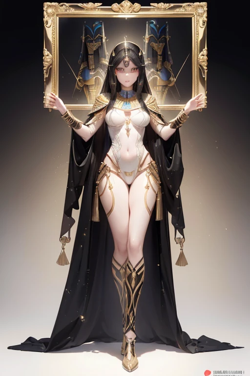 stand posture，Full body like，Egyptian pharaoh，gigantic cleavage breasts，Brown skin，Blank background，Lift one foot