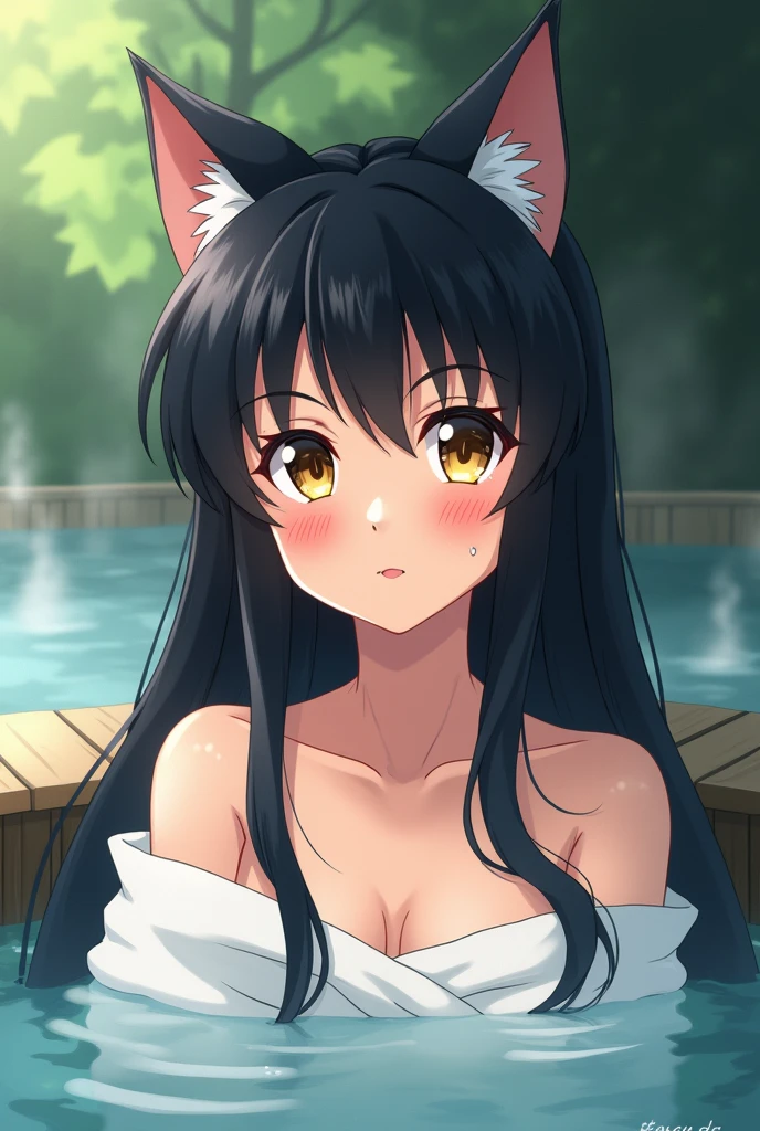 An anime girl with cat ears, very long, cabello negro very long lacio con flequillo similar a Inuyasha, and golden eyes in the hot springs with a white towel with a peaceful expression