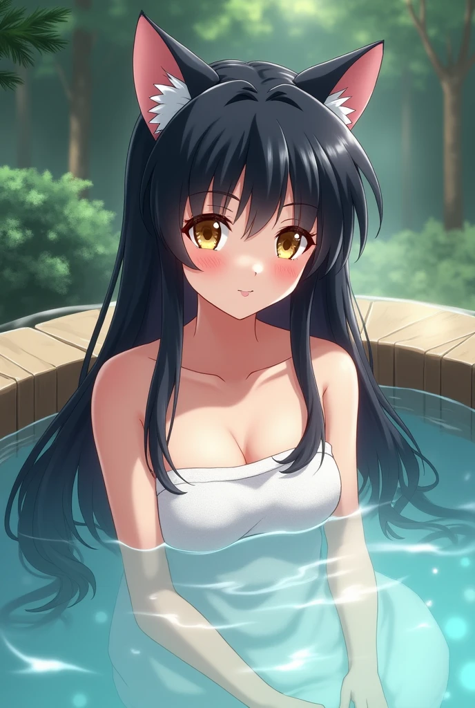 An anime girl with cat ears, very long, cabello negro very long lacio con flequillo similar a Inuyasha, and golden eyes in the hot springs with a white towel with a peaceful expression