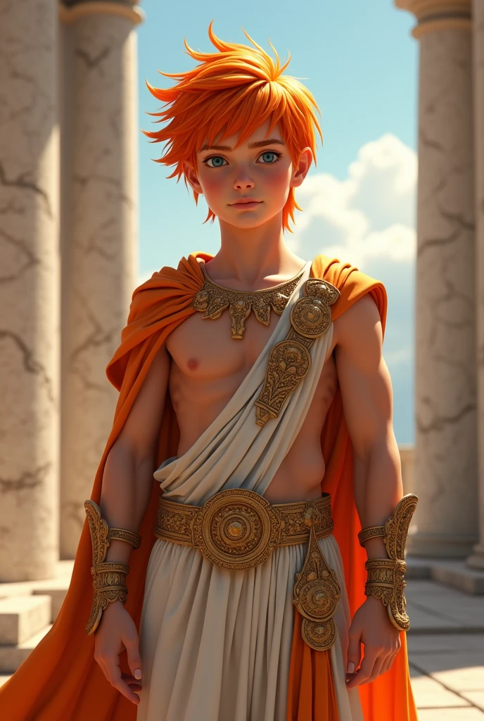 Young athletic and charismatic orange haired boy dressed as a Greek god
