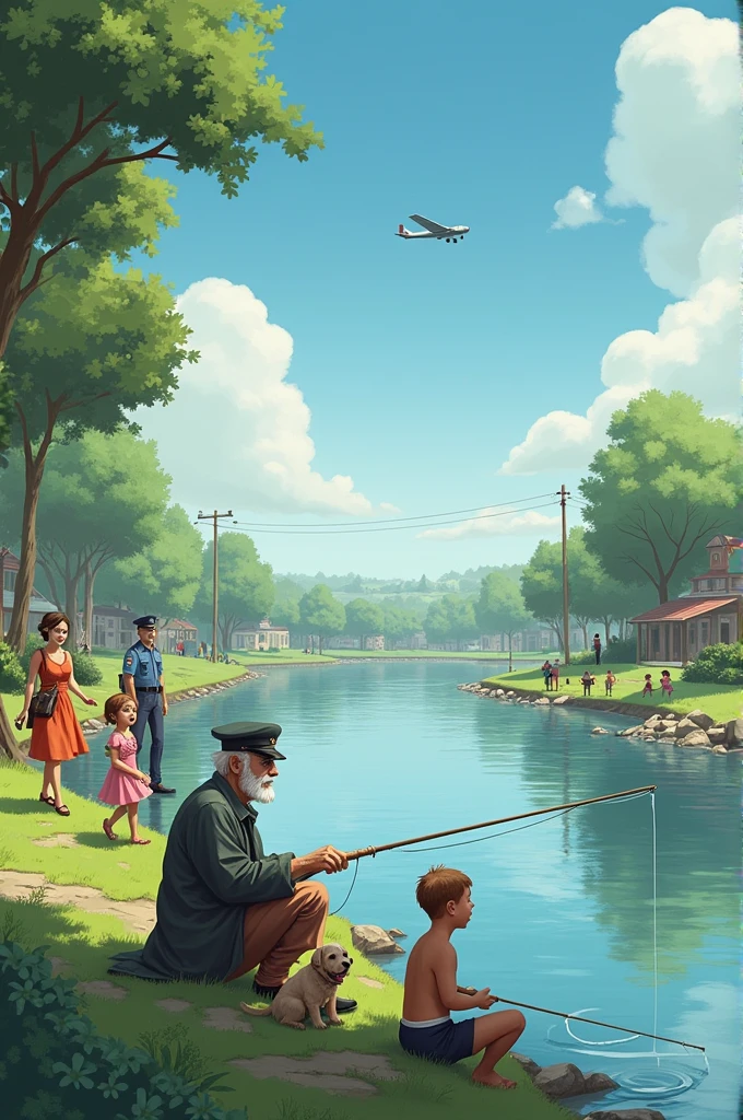 The old man fishes in the river while the children play on the shore, The couple went out for a walk with the dogs, The policeman just keeps watch and in the distance you can see a plane in the sky. 