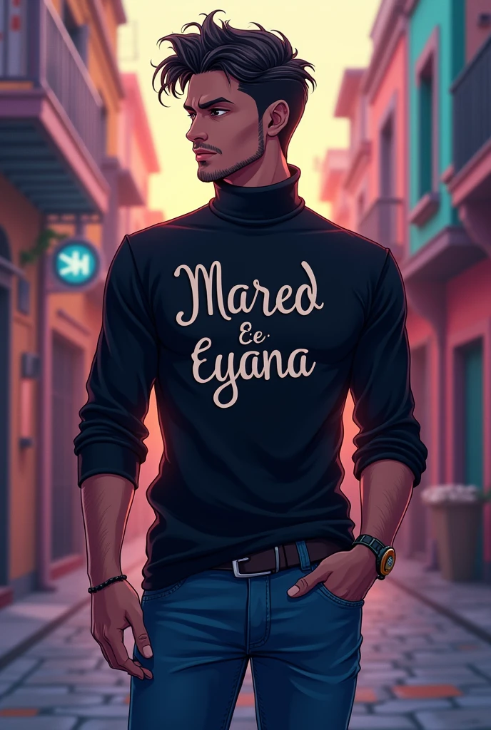 Male character black turtleneck shirt with married name in Portuguese blue jeans anime theme