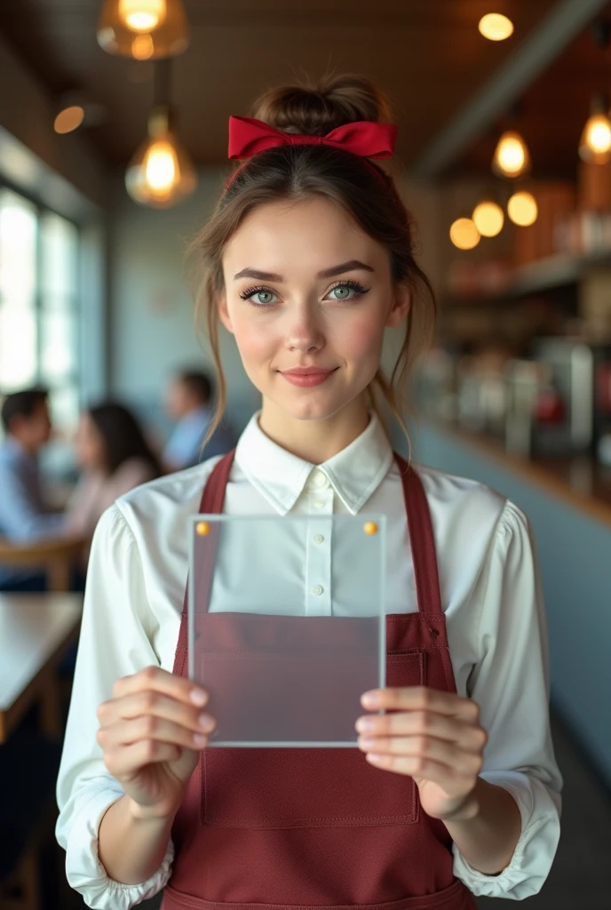 Beautiful young white Ukrainian girl from the countryside, light eyes with cat eyeliner makeup, slight smile on the lips, hair tied with a bow on top of the head with a fall. Dressed as a restaurant waitress, With hands in front holding a large acrylic for QR codes,, perfect framing of the acrylic in the image, blurred restaurant background environment, high quality 4 k, camera 35mm