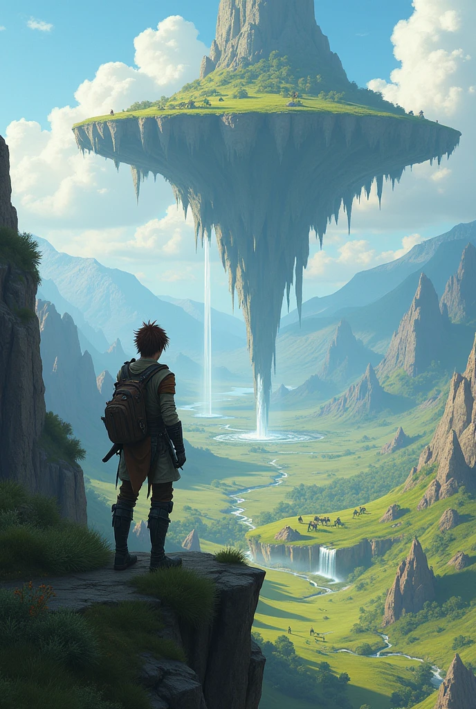 (uhd, masterpiece, anatomically correct, textured skin, super detail, high details, best quality, highres, 8k), An adventurer standing on a grassy cliff, Wearing light armor, Brown Hair, Hair that stands on end, Turning your back on the viewer, I can't see your face, The plain below the cliffs, Looking Down, Mr.々A land where fantasy creatures live, Huge rock floating in the air, A waterfall flows down from the rocks
