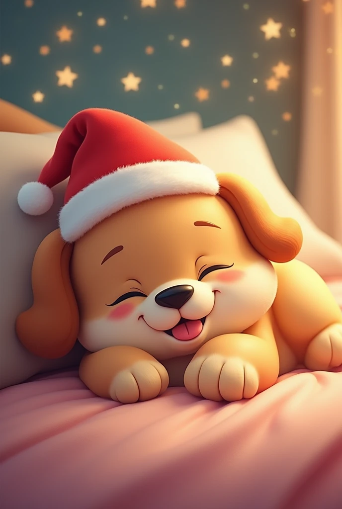 The image depicts a cute cartoon-style dog sleeping peacefully with a Santa hat on its head. To create a similar image using a prompt, you could use the following description:
"A cute, fluffy cartoon-style puppy sleeping peacefully with its eyes closed. The puppy has a big smile and its tongue sticking out slightly, wearing a Santa hat. The background is dreamy with soft glowing stars and a warm, cozy atmosphere."
Would you like me to generate an image based on this prompt?