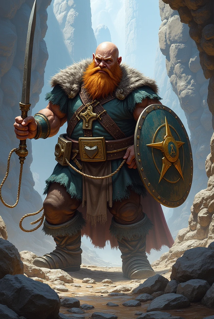 
a balding dwarf paladin, equipped with a lasso and a bulwark, brandishing his weapon and shouting against an opponent located from below, in the style of pathfinder or magic-the-gathering