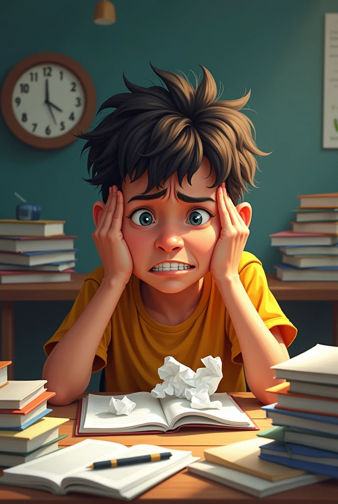 Situation: A child or teenager frustrated with schoolwork. The illustration shows the boy in front of his desk, with open books and notebooks, but with an expression of frustration. Maybe the child is crumpling a sheet of paper or pushing books away in disgust..