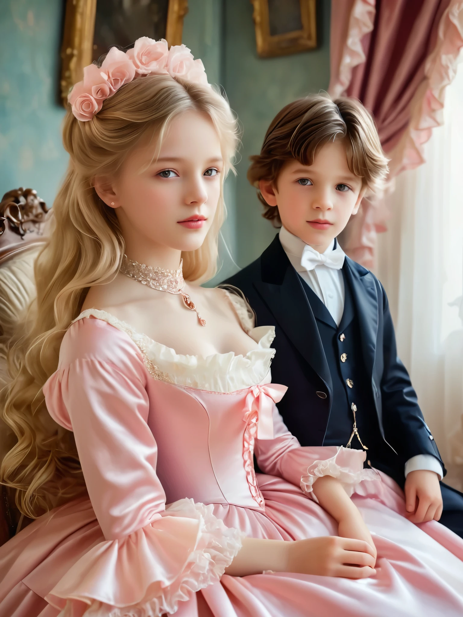 (masterpiece，Highest quality), (Absurd:1.3), (Photographic realism:1.4), Beautiful European girls and boys photos, (Super detailed, Ultra-realistic, Ultra-realistic, 8k, Ultra-high resolution), blonde, Long Hair, (Skin with attention to detail, Detailed skin texture:1.1), Break 1 Girl, Young girls and boys, (With a short girl:1.3), Detail Eyes, Detailed aspect, The little princess girl and little prince boy,The girl have long blonde hair ((((silk satin Victorian ball gown dress)))) ,((Yoke collar with frills))((,The dress has a lot of frills and ribbons)), detailed dress,tiara, long sleeves, puff sleeves,The boy is wearing a Victorian duke's clothingin the luxurious bedroom,sitting on the big pink frilled canopy bed,silk satin bed sheets,frilled pillows,