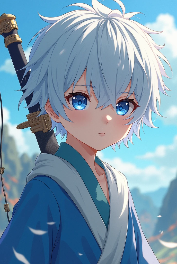 Show me a boy with a sword white hair with a bit of blue he has a beige skin color and the colors are white and blue mainly also the boy is a bit older and in the genshin impact style