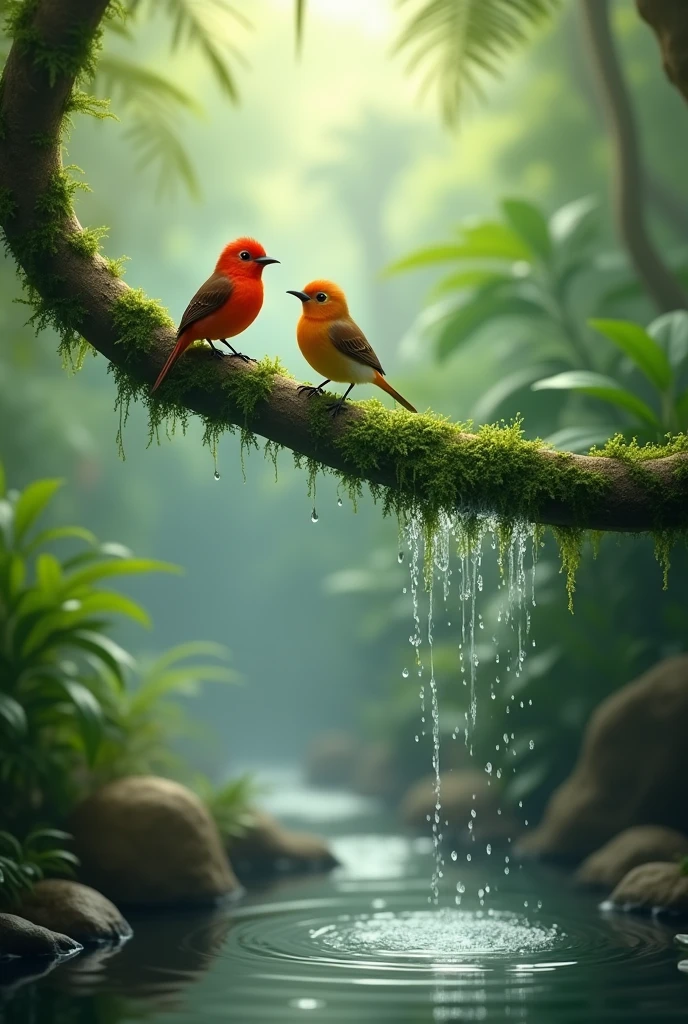 Create a vivid and serene scene set in a lush, tropical forest. The focus should be on two small birds perched on a moss-covered branch overhanging a gentle stream. The top bird is bright red, with a striking and vibrant appearance, while the lower bird is a warm golden-brown color, sitting under a delicate waterfall of droplets cascading from the branch above. The background should be softly blurred with shades of green and hints of other foliage to give depth and emphasize the natural beauty and peacefulness of the environment."
This prompt should help capture the essence of the image.