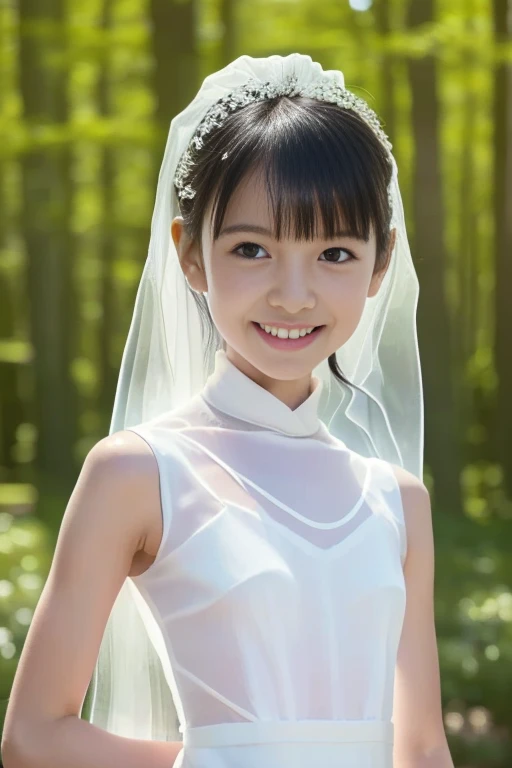 (8k), (masterpiece), (High resolution), (Realistic:1.4), Japanese, 1 girl, , (((Childish:1.5))), Facing forward, (smile:1.2), (((happy:1.5))), (((cute:1.5))), Innocent, (innocent), kind, Elegant:1.5, clear, Double eyelids:1.4, (Dark Eyes), Beautiful eye and skin details:1.5, (Realistic skin texture:1.5), Beautiful Nose, Small Nose:1.3, (((White Wedding Dress:1.5))), ((White clothes:1.5)), (((See-through clothing:1.5))), (Décolletage:1.2), (White gloves on both hands:1.3), Black Hair, (Child body type), (Slender), summer, Asahi, bright, forest, (((Primary school students:1.5))), (flat chest:1.5), Beautiful Hands, Beautiful fingers, detail fingers, detail arms, detail eyes, (((Anatomically correct:1.5)))