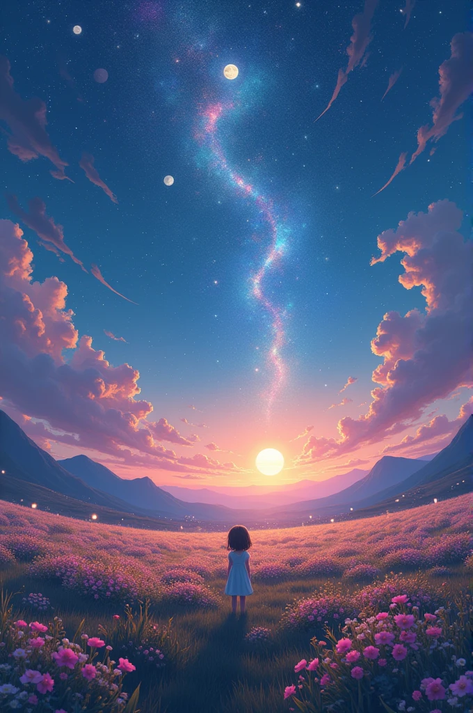 Expansive landscape photograph,(look from down,Above is the fantasy sky,Below are open fields),A girl standing on a flower field looking up,(moon full:1.2),(meteors:0.9),(Starcloud:1.3),Far Mountain, Tree BREAK making art,(Warm light source:1.2),(glowworm:1.2),lamp lights,Lots of purple and orange,Complicated details,Volumetric lighting BREAK(tmasterpiece:1.2),(best qualtiy),4K,ultra - detailed,(dynamic compositions:1.4),detail-rich,plethora of colors,(Irridescent color:1.2),(with light glowing,Atmospheric lighting),dream magical,magical,(solo:1.2)