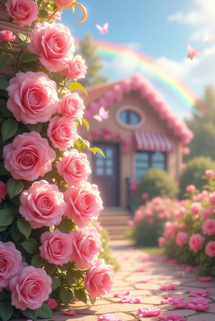 Lots of Light pink Roses flower  on wall of house with butterfly and rainbow scenery