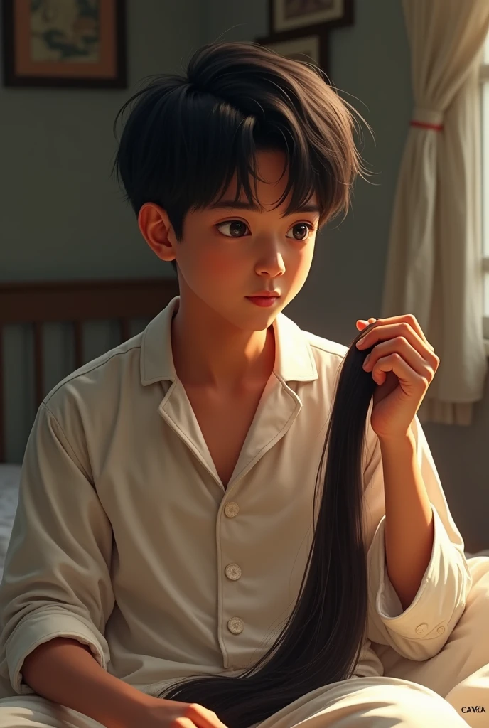 A young Cambodian man is holding a long hair and he looks at it with wondering, and he sitting on his bed (he wear pajamas)