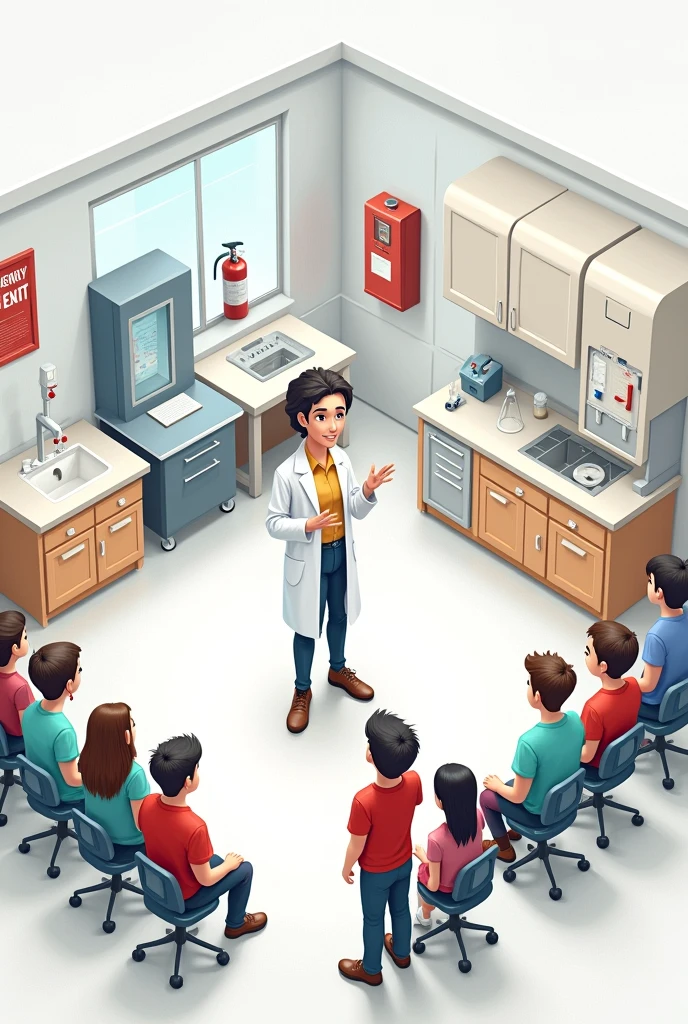 generates a 2D drawing of a teacher in the laboratory, showing his students the location and use of the shower and eyewash, the emergency door and fire extinguishers
