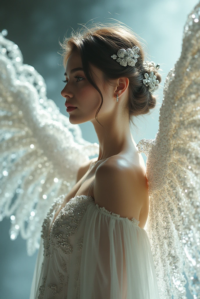 Raw photo, woman with angel wings with an ((all indicated arrangement of details in crystals and diamonds)), countless pieces of ((faceted crystals)) that reflect and capture light in all directions. The crystals with their silver and white sparkles form complex and symmetrical patterns. The camera angle is slightly tilted from below in an atmosphere of (extreme luxury), almost fantasy. With an atmosphere of ethereal (high fashion elegance). Ultra details, diminute and hyper-realistic details.