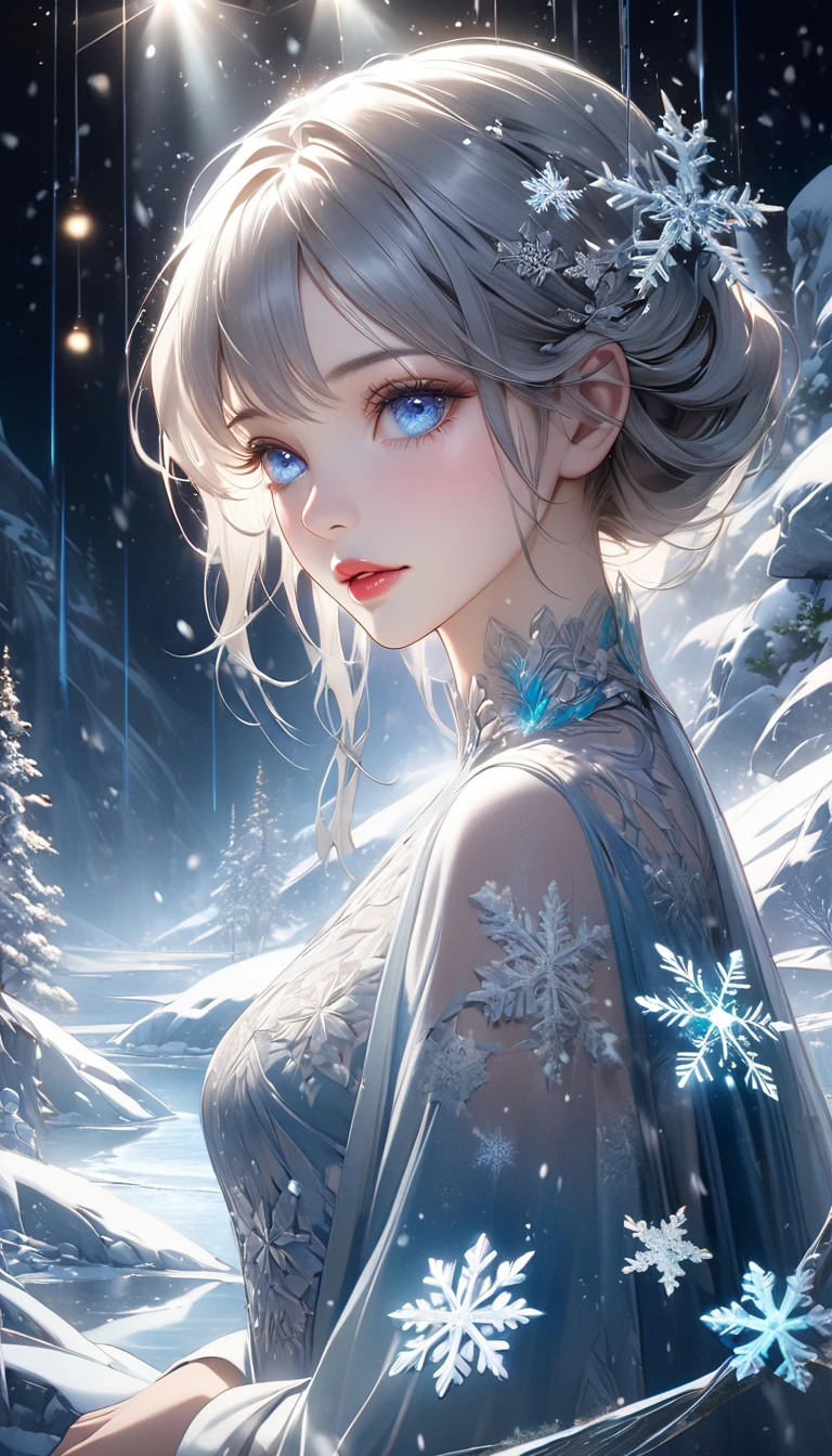 snowy landscape, dark canvas, Transparent sparkling snowflakes falling, Transparent holographic reflection, A surreal landscape made of snowflakes, Leaves viewers speechless, A beautiful world, 1 woman, detailed eyes, detailed lips, very detailed face, long eyelashes, Beautiful and detailed portraits, elegant, tranquil expression, winter, high quality, 8k, realistic, surrealist, studio lighting, Physically Based Rendering, vivid colors, movie lights, dramatic lighting, soft lighting, dramatic contrast, Glowing snowflakes, icy, winter 왕국, cold, clear, ethereal, dreamlike, mysterious, magical, fancy, concept art