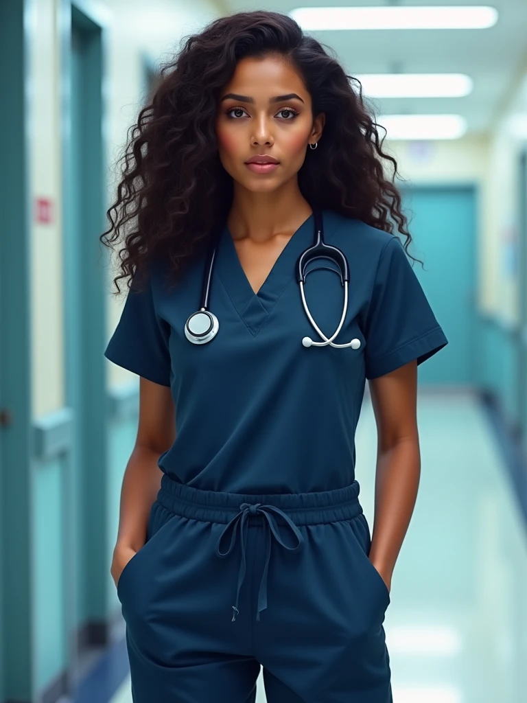 A one beautiful sri lankan lady doctor with curly long voluminous hair, fair golden and clear skin, has hourglass body shape, wearing a dark blue colour scrub with name doctor.amd dark blue colour stethoscope at a hospital.looking proud