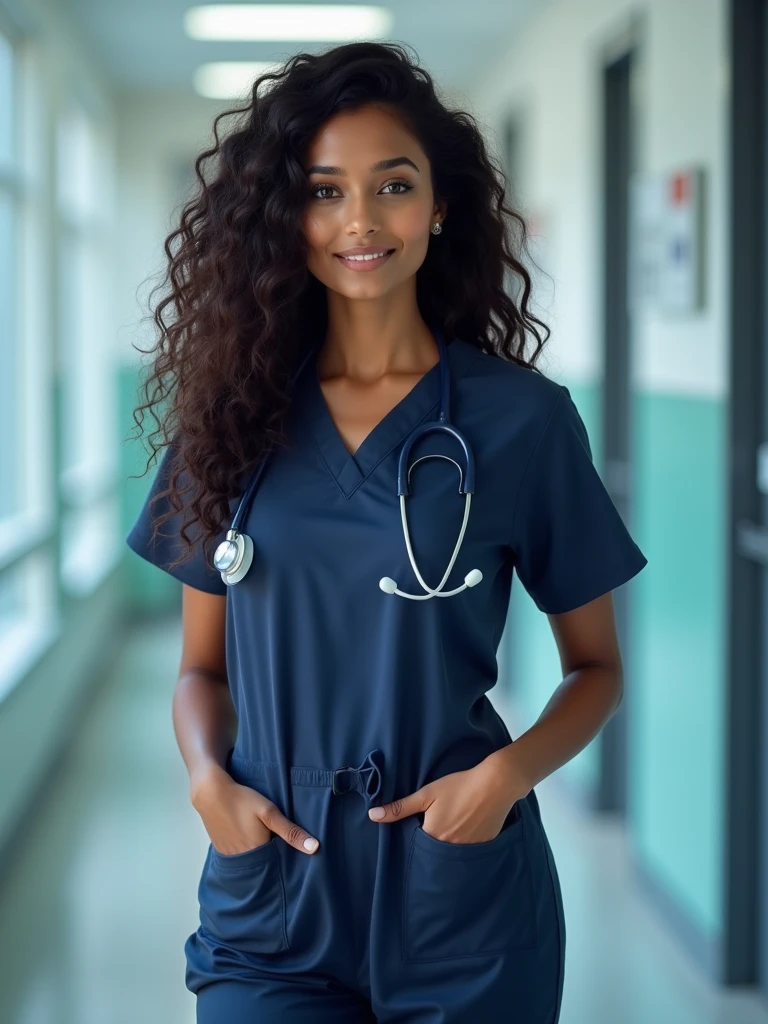 A one beautiful sri lankan lady doctor with curly long voluminous hair, fair golden and clear skin, has hourglass body shape, wearing a dark blue colour scrub with name doctor.amd dark blue colour stethoscope at a hospital.looking proud