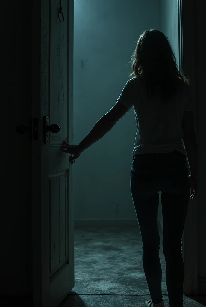 Alex hesitates, then slowly turns the handle. The door creaks open to reveal an empty room.