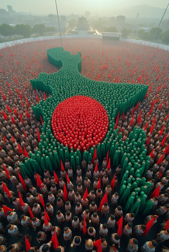 Bangladeshi map made with thousands people and every people carrying flag of Bangladesh Bangladesh city, stadium middle for Bangladesh flag