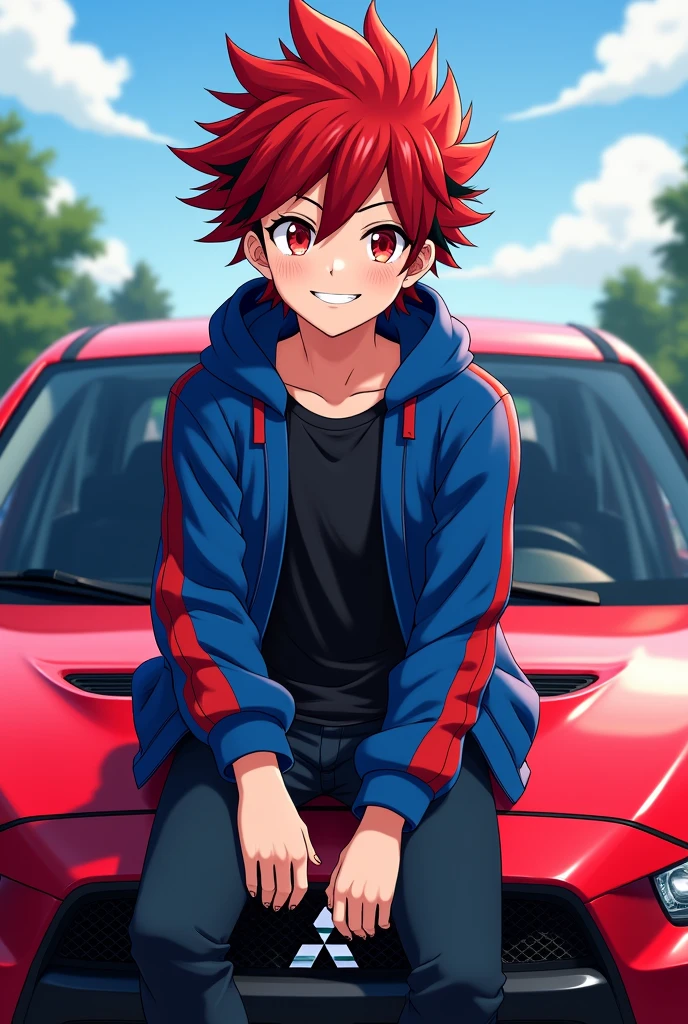 Anime teenage boy with red hair with black locks in his hair,with a happy face and red eyes and a blue jacket with red details and a black shirt sitting on the hood of a tuned red Mitsubishi Lancer Evolution