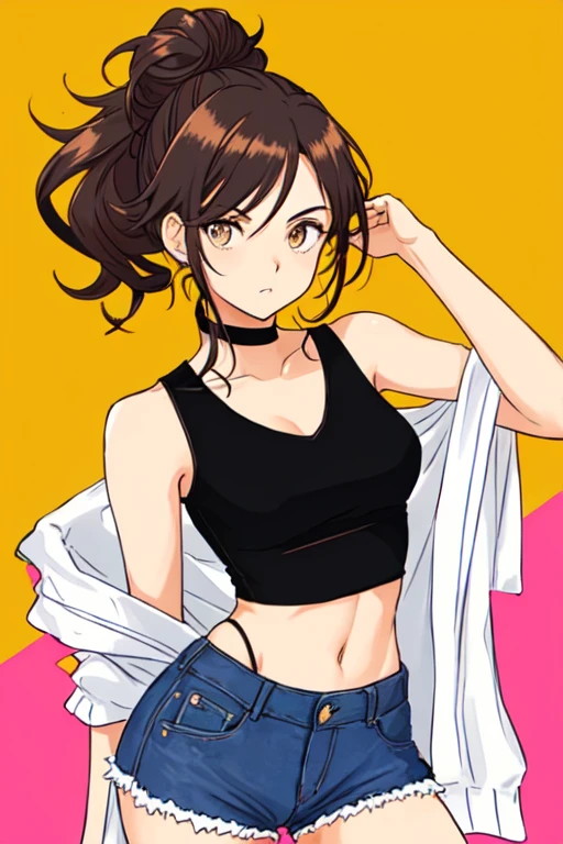 Hot girl with her hair tied up in a messy bun, two strands of hair down the front, curvy, slim, medium breasts, shy, sleeveless crop top, small hot shorts, anime style