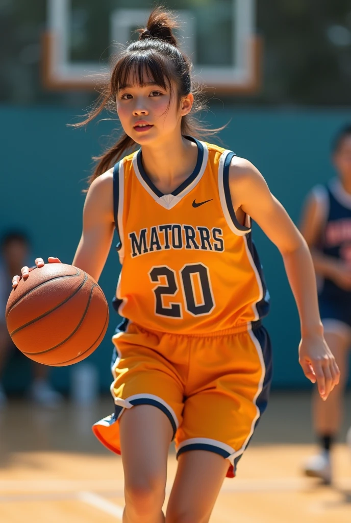 Woman playing basketball、18age、Live photos、cute、With bangs、Fair skin、Wearing a uniform。