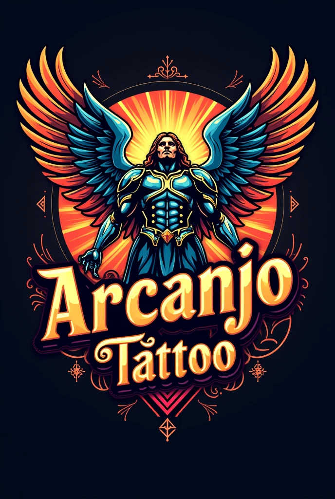 Create a logo written Arcanjo Tattoo with an archangel michael in bright colors
