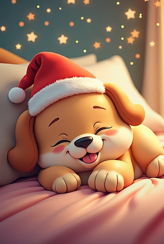 The image depicts a cute cartoon-style dog sleeping peacefully with a Santa hat on its head. To create a similar image using a prompt, you could use the following description:
"A cute, fluffy cartoon-style puppy sleeping peacefully with its eyes closed. The puppy has a big smile and its tongue sticking out slightly, wearing a Santa hat. The background is dreamy with soft glowing stars and a warm, cozy atmosphere."
Would you like me to generate an image based on this prompt?