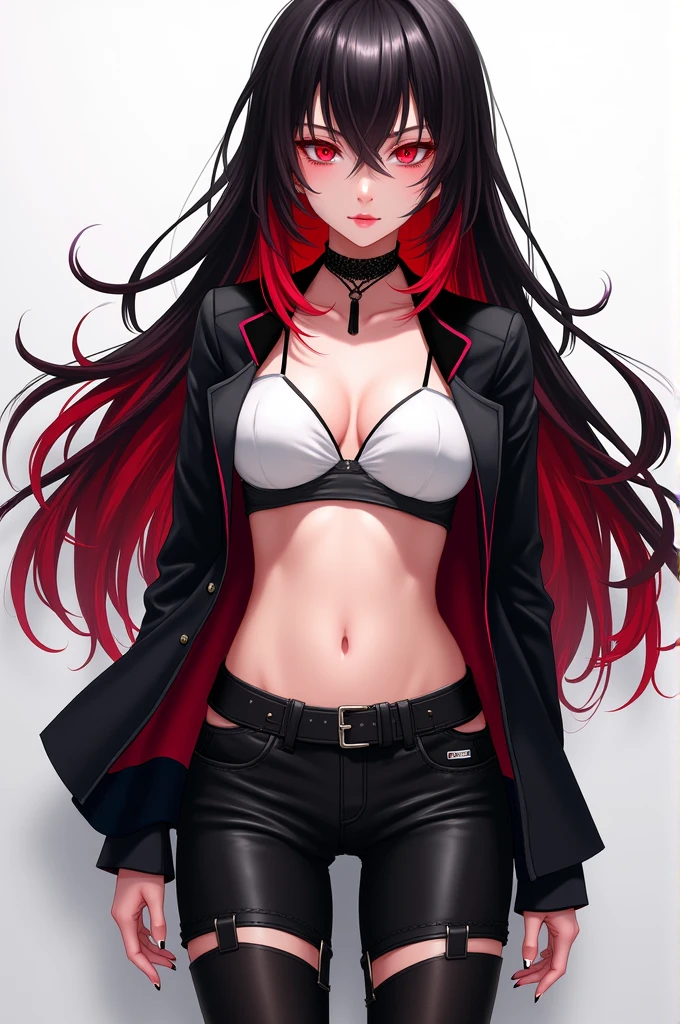 An anime girl with red hair and blue eyes wearing a skirt and an open shirt revealing a black and red bra