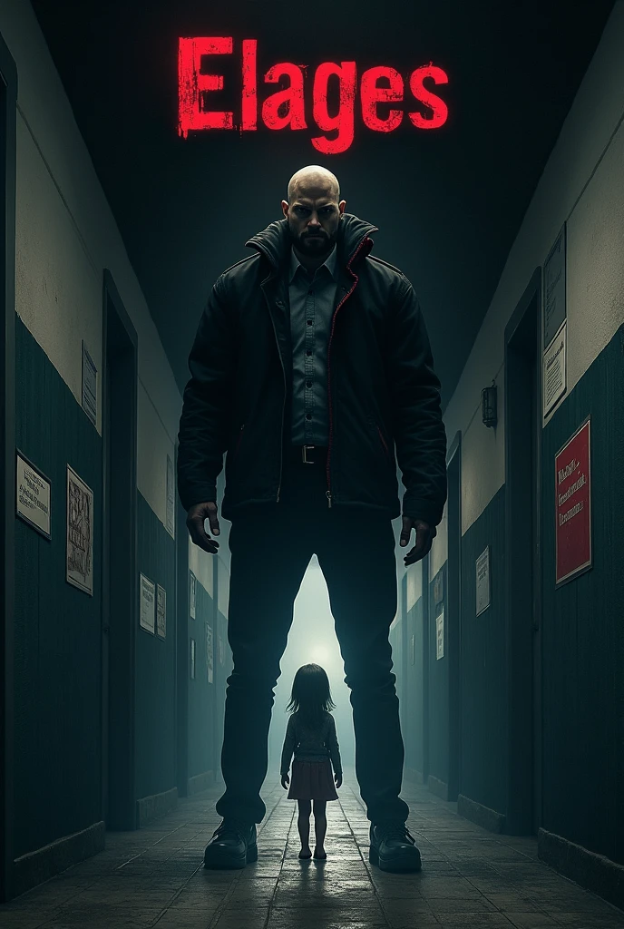 Create a poster for a horror movie set in a high school called "Bernoulli", where a man of 1,75 tall, half bald, 3, roams around hunting and capturing girls. Put it in a realistic theme, dark but showing the villain (3 man) The victim (short girl) and the name of the school (Bernoulli). The name of the film will be ELAGES